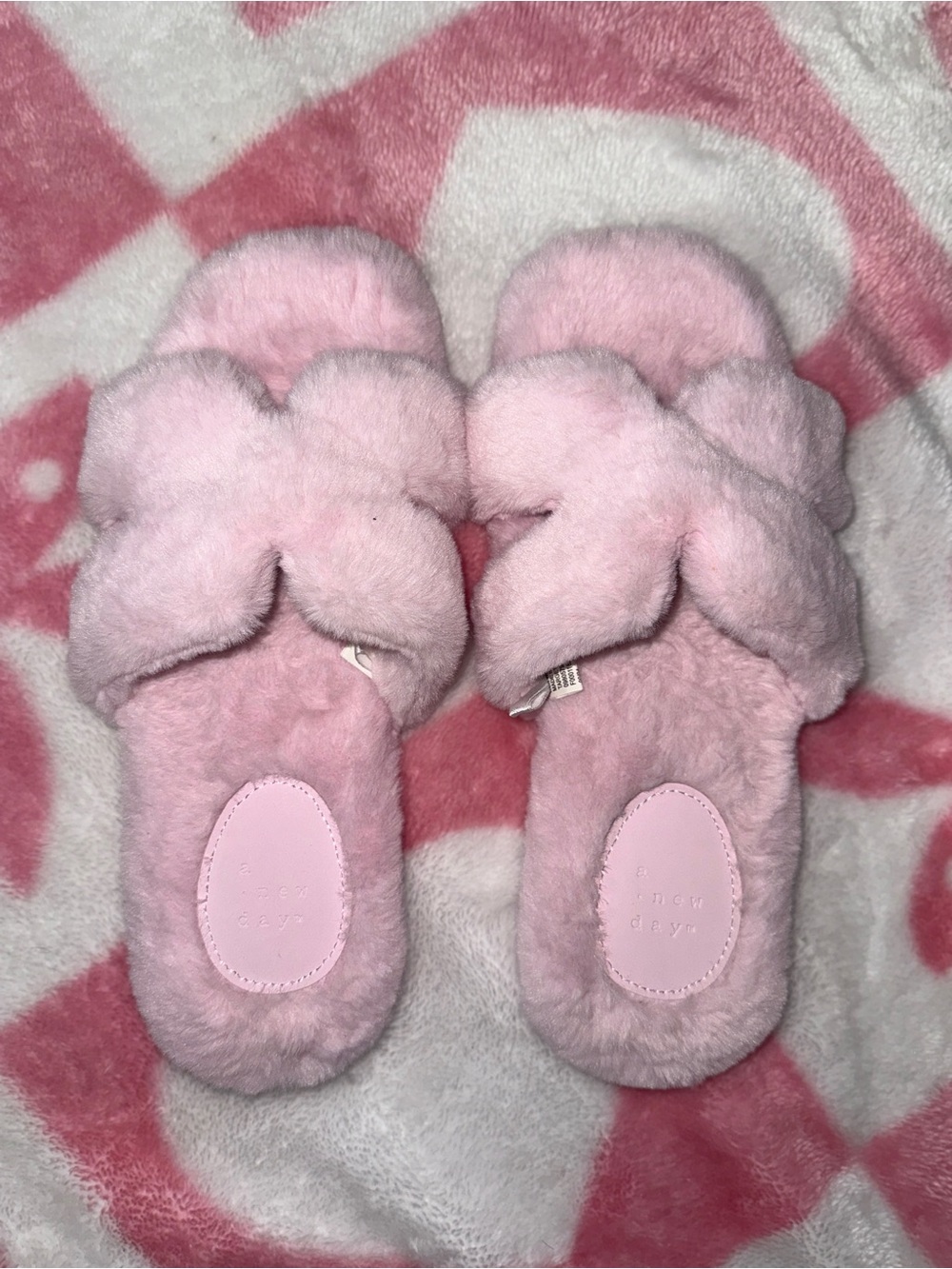 a new day Pink Fuzzy Cross-Band Slippers
